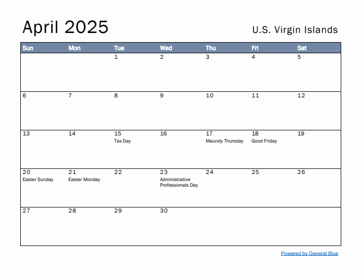 April 2025 Simple Monthly Calendar for U.S. Virgin Islands