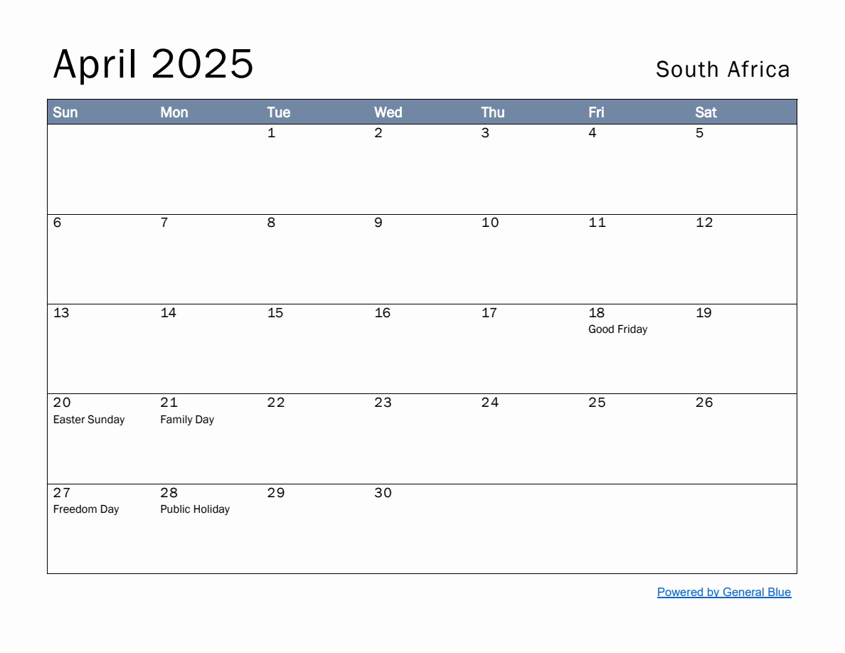 Free Monthly Calendar Template for April 2025 with South Africa Holidays