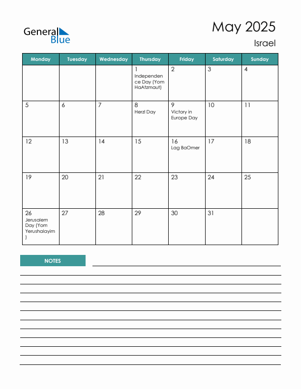 Calendar with Notes Printable - Monday Start