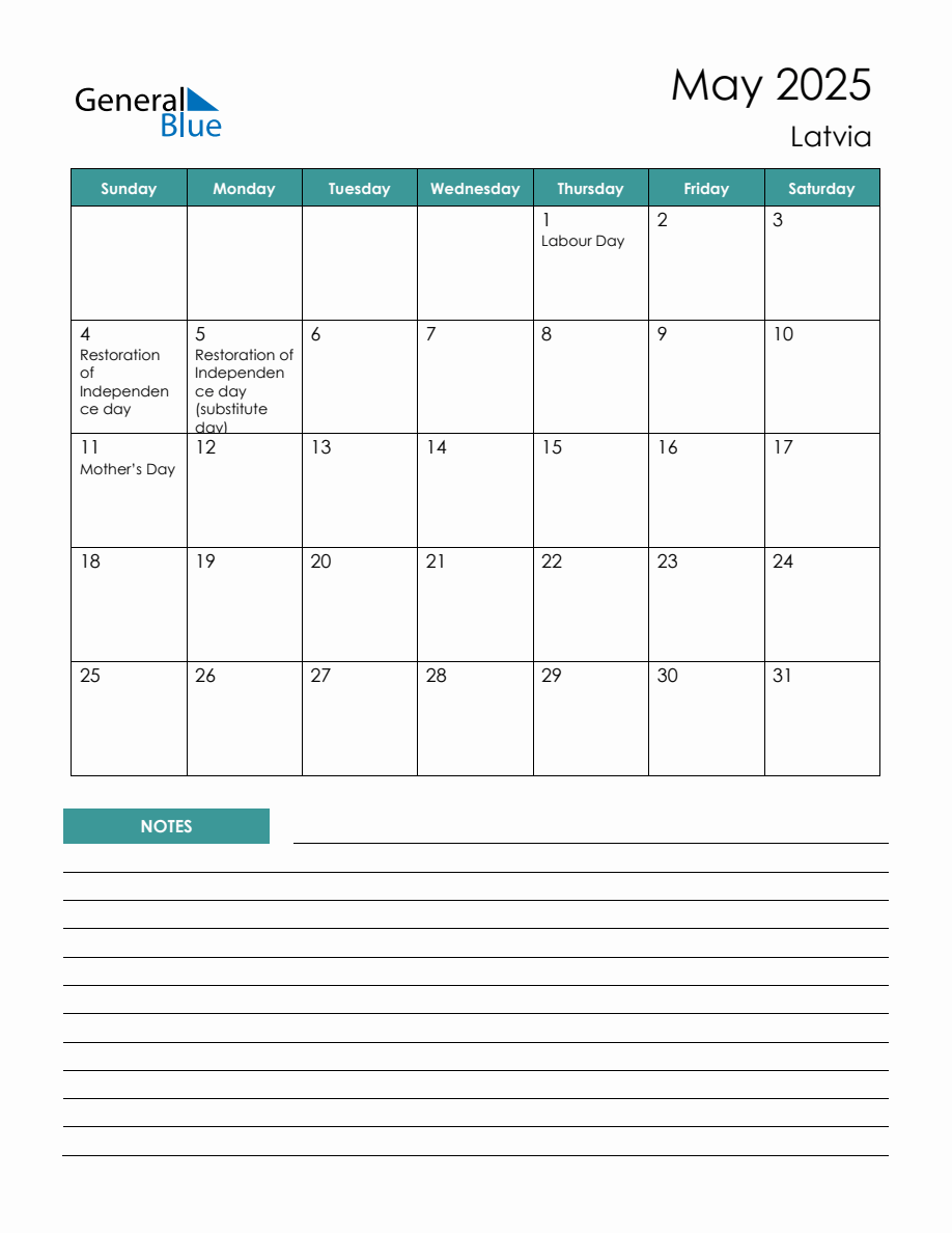 Monthly Planner with Latvia Holidays - May 2025