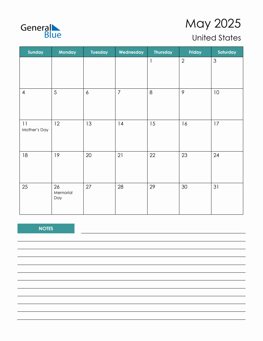 Monthly Planner with United States Holidays - May 2025