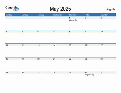 Current month calendar with Anguilla holidays for May 2025