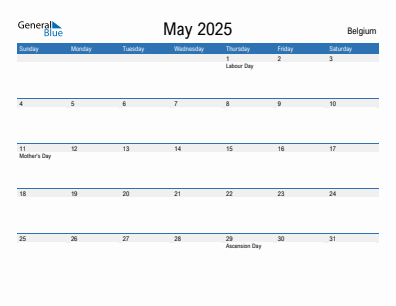 Current month calendar with Belgium holidays for May 2025