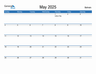 Current month calendar with Bahrain holidays for May 2025