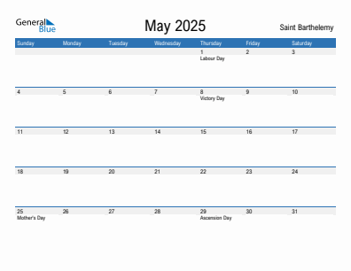 Current month calendar with Saint Barthelemy holidays for May 2025