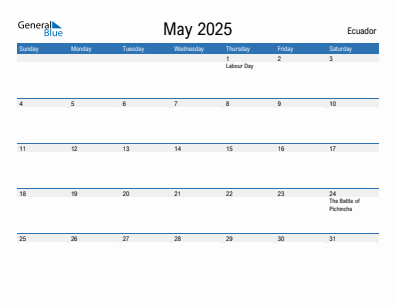 Current month calendar with Ecuador holidays for May 2025