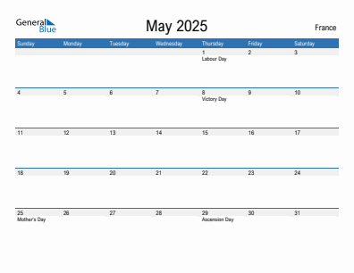 Current month calendar with France holidays for May 2025