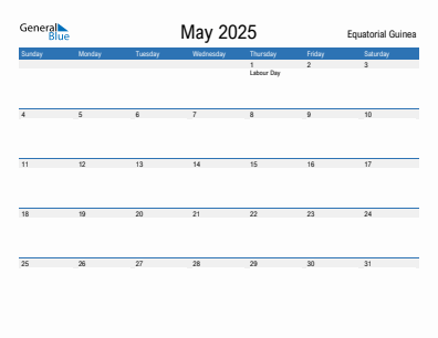 Current month calendar with Equatorial Guinea holidays for May 2025