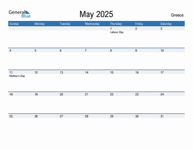 Current month calendar with Greece holidays for May 2025