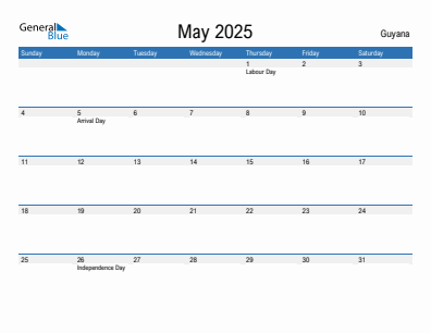 Current month calendar with Guyana holidays for May 2025