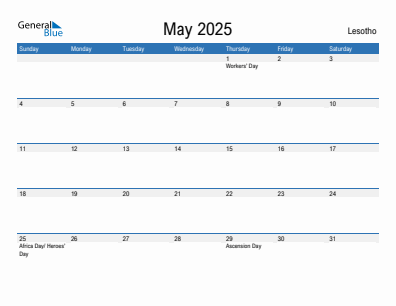 Current month calendar with Lesotho holidays for May 2025