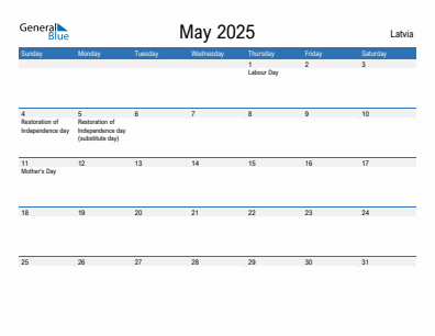 Current month calendar with Latvia holidays for May 2025