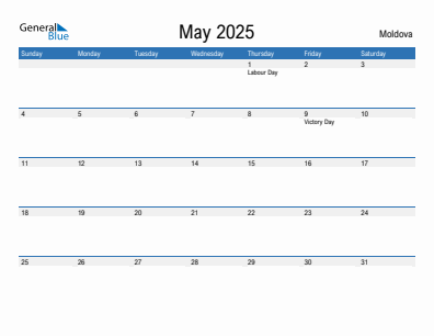 Current month calendar with Moldova holidays for May 2025