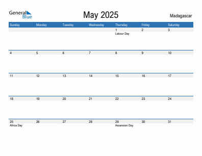 Current month calendar with Madagascar holidays for May 2025
