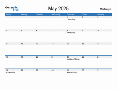Current month calendar with Martinique holidays for May 2025