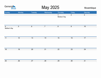 Current month calendar with Mozambique holidays for May 2025