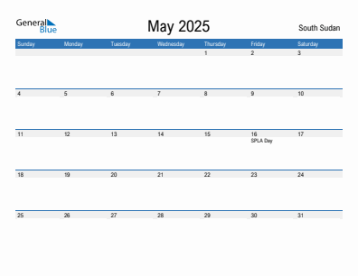 Current month calendar with South Sudan holidays for May 2025