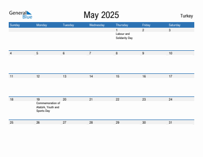 Current month calendar with Turkey holidays for May 2025