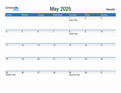 Current month calendar with Mayotte holidays for May 2025