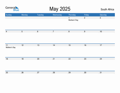 Current month calendar with South Africa holidays for May 2025