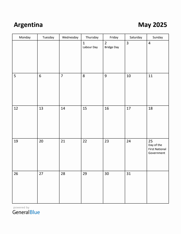May 2025 Calendar with Argentina Holidays