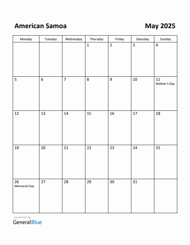 May 2025 Calendar with American Samoa Holidays