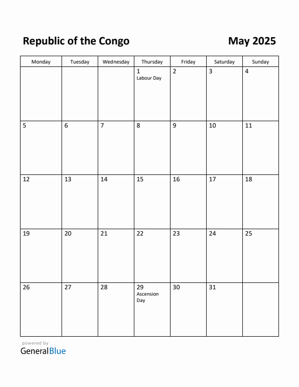 May 2025 Calendar with Republic of the Congo Holidays
