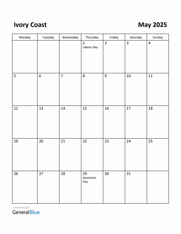 May 2025 Calendar with Ivory Coast Holidays