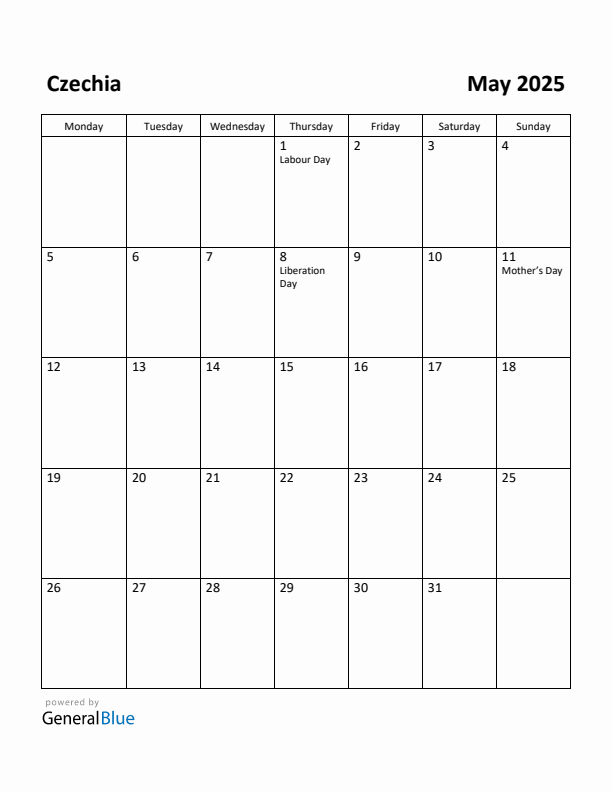 May 2025 Calendar with Czechia Holidays