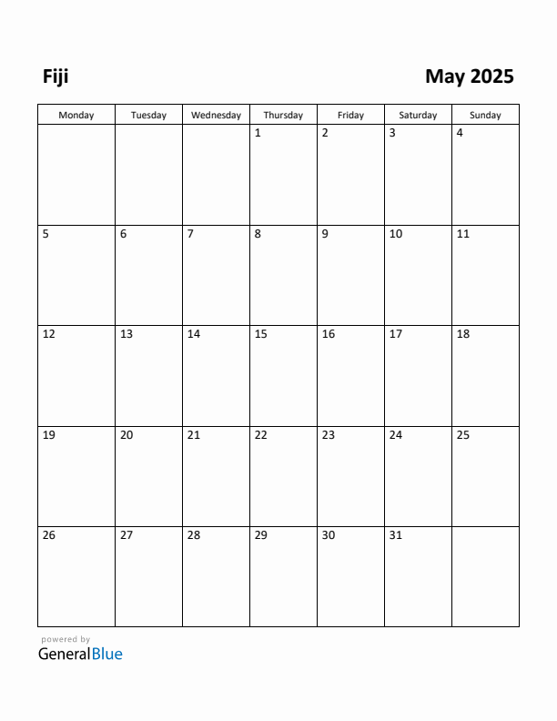May 2025 Calendar with Fiji Holidays