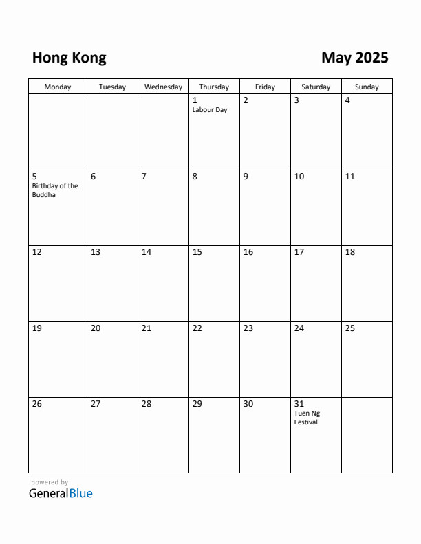 May 2025 Calendar with Hong Kong Holidays