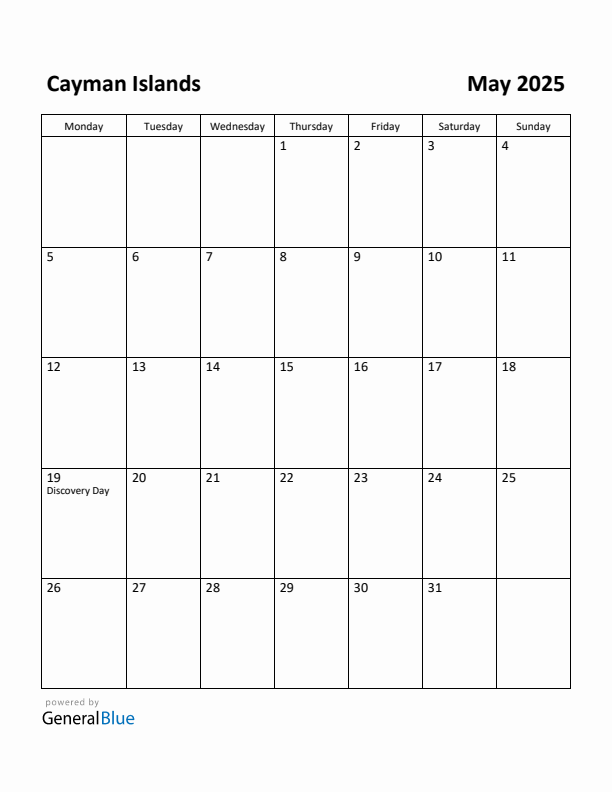 May 2025 Calendar with Cayman Islands Holidays