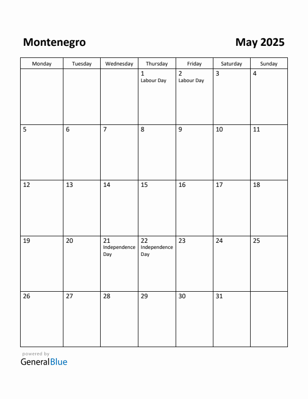 May 2025 Calendar with Montenegro Holidays