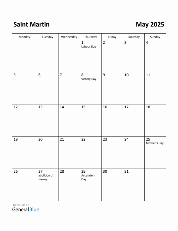 May 2025 Calendar with Saint Martin Holidays