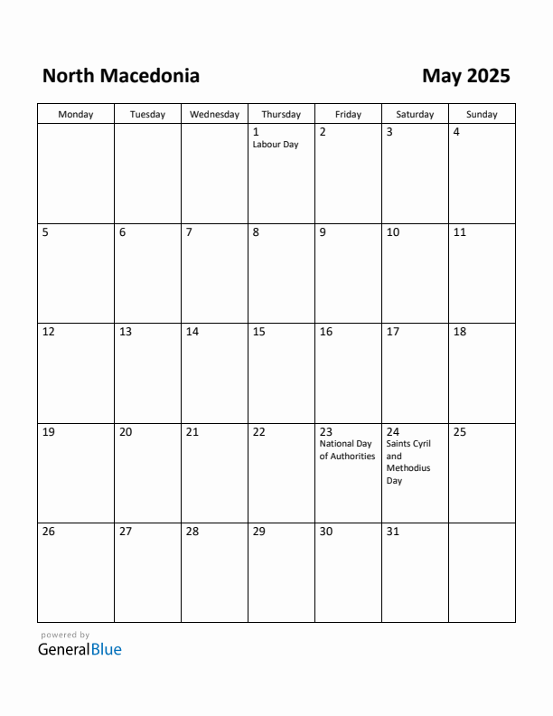 May 2025 Calendar with North Macedonia Holidays