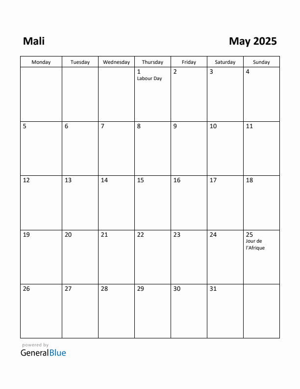 May 2025 Calendar with Mali Holidays