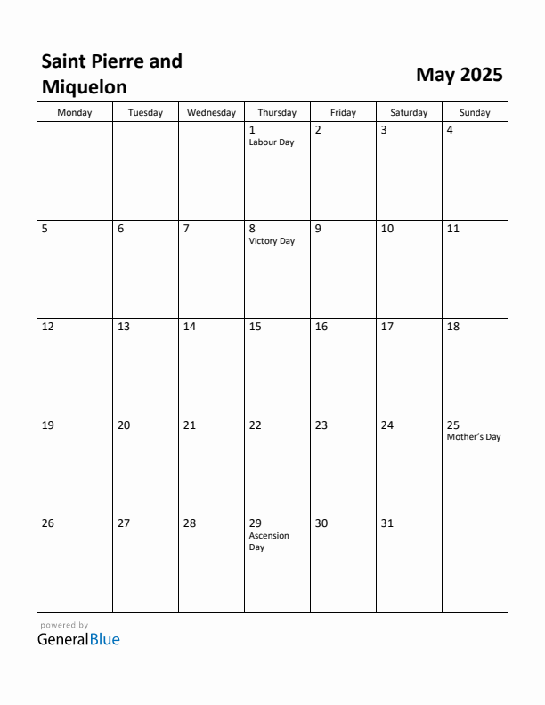 May 2025 Calendar with Saint Pierre and Miquelon Holidays