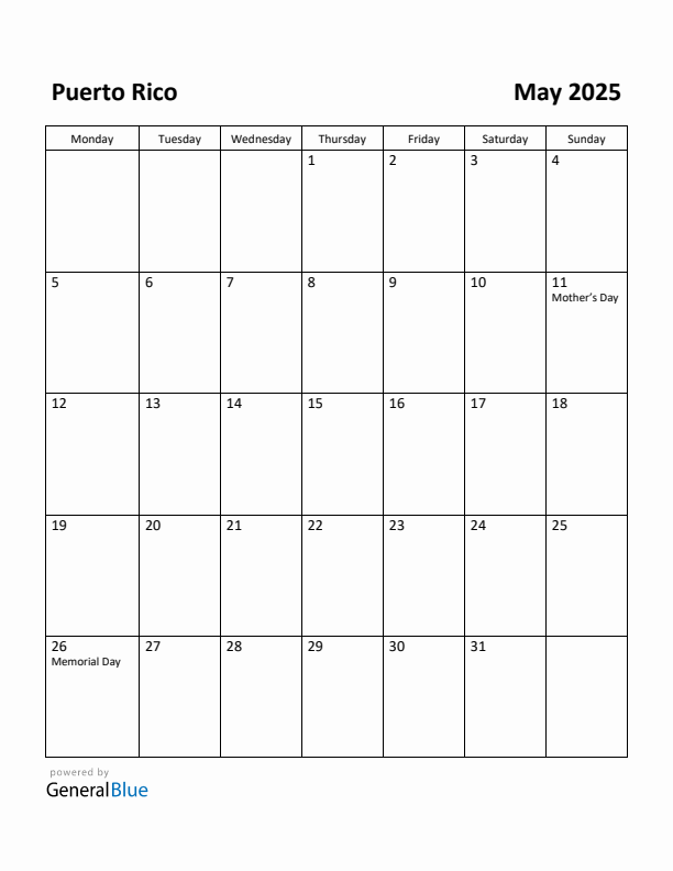 May 2025 Calendar with Puerto Rico Holidays