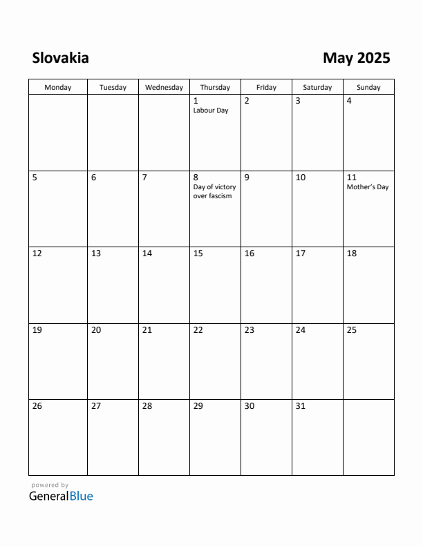 May 2025 Calendar with Slovakia Holidays