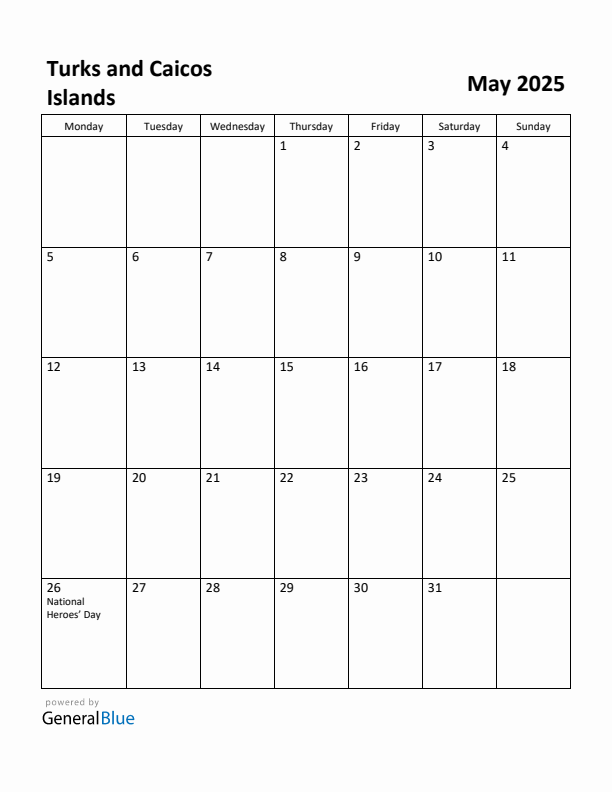 May 2025 Calendar with Turks and Caicos Islands Holidays