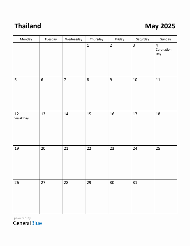 May 2025 Calendar with Thailand Holidays