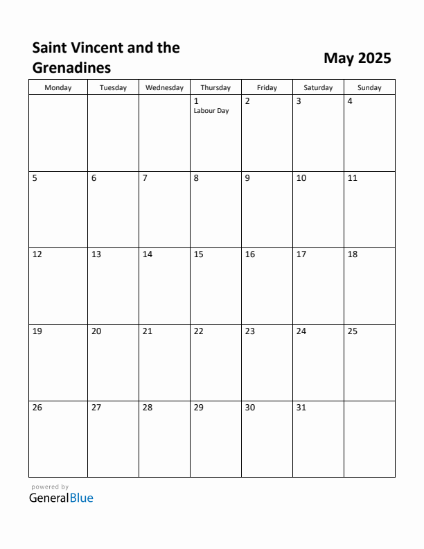 May 2025 Calendar with Saint Vincent and the Grenadines Holidays