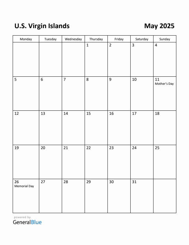 May 2025 Calendar with U.S. Virgin Islands Holidays