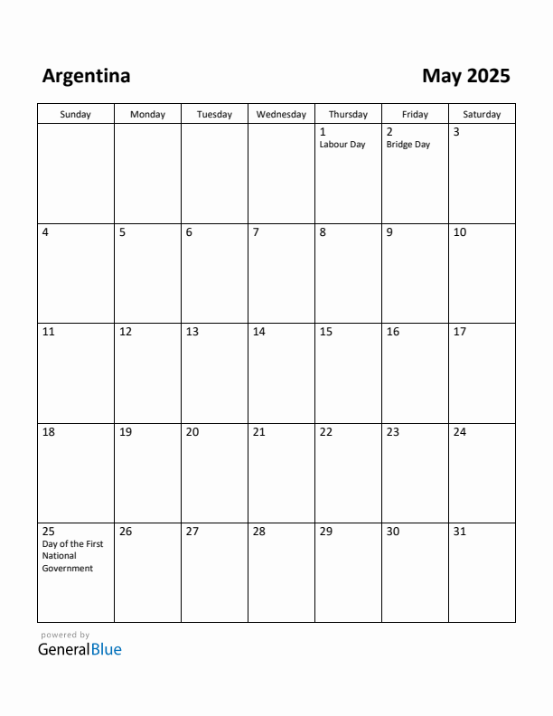 May 2025 Calendar with Argentina Holidays