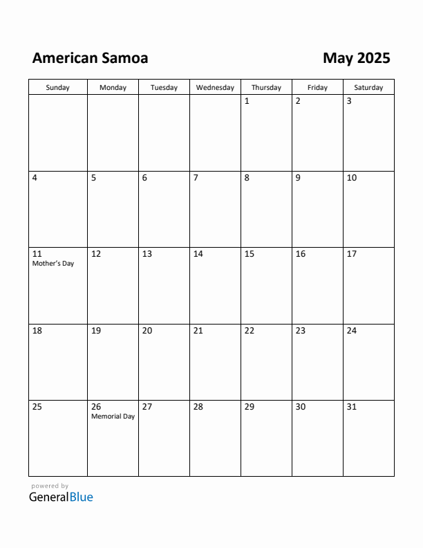 May 2025 Calendar with American Samoa Holidays