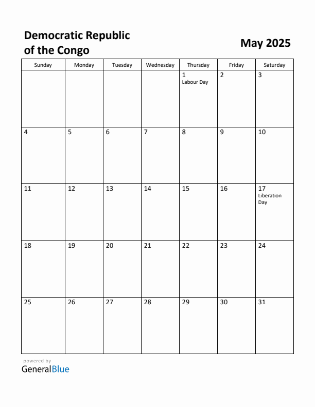 May 2025 Calendar with Democratic Republic of the Congo Holidays