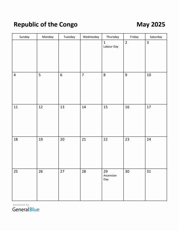 May 2025 Calendar with Republic of the Congo Holidays
