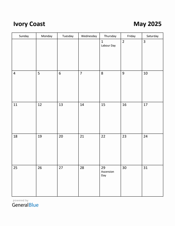 May 2025 Calendar with Ivory Coast Holidays