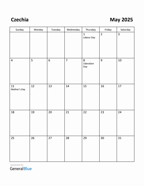 May 2025 Calendar with Czechia Holidays