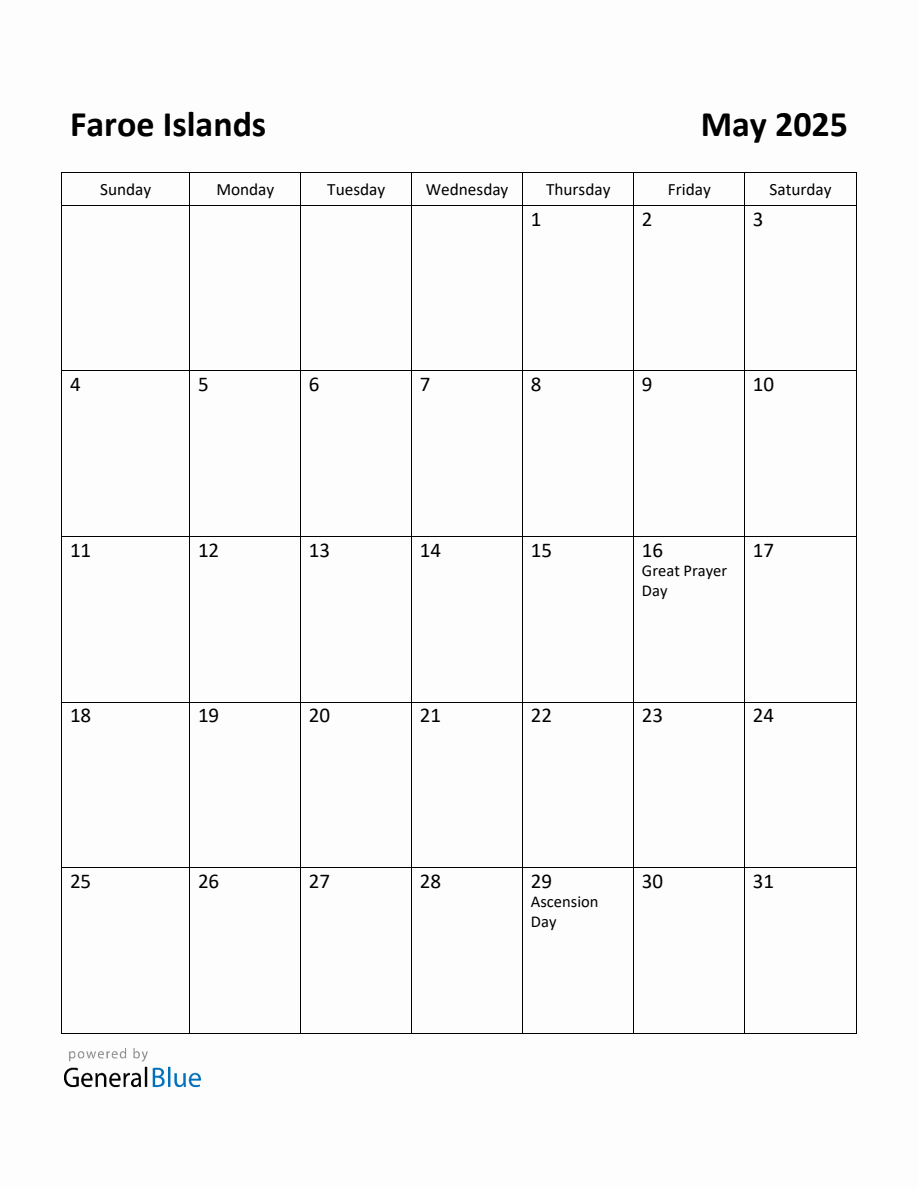 Free Printable May 2025 Calendar for Faroe Islands